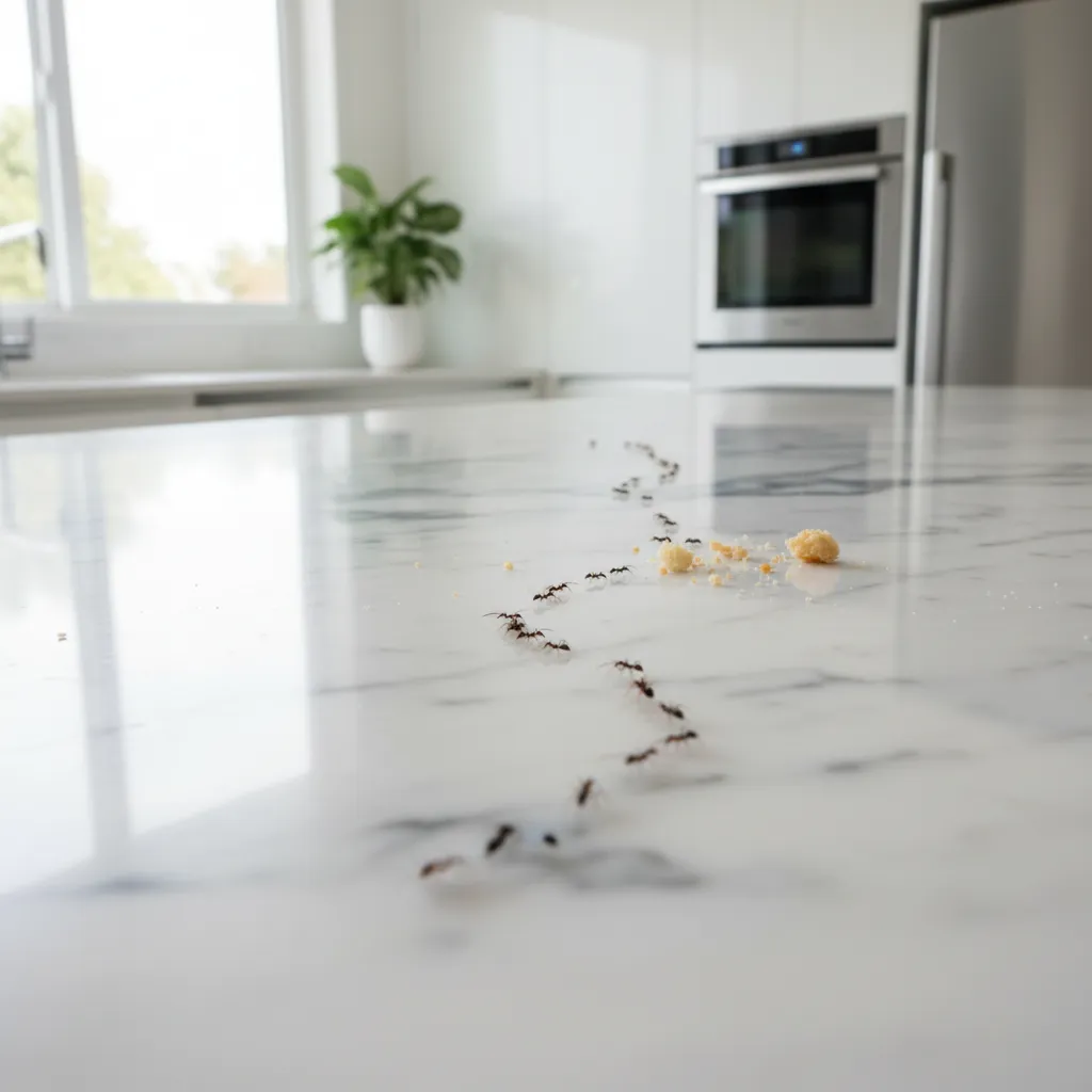 Tiny ants forming a trail across a kitchen countertop toward crumbs