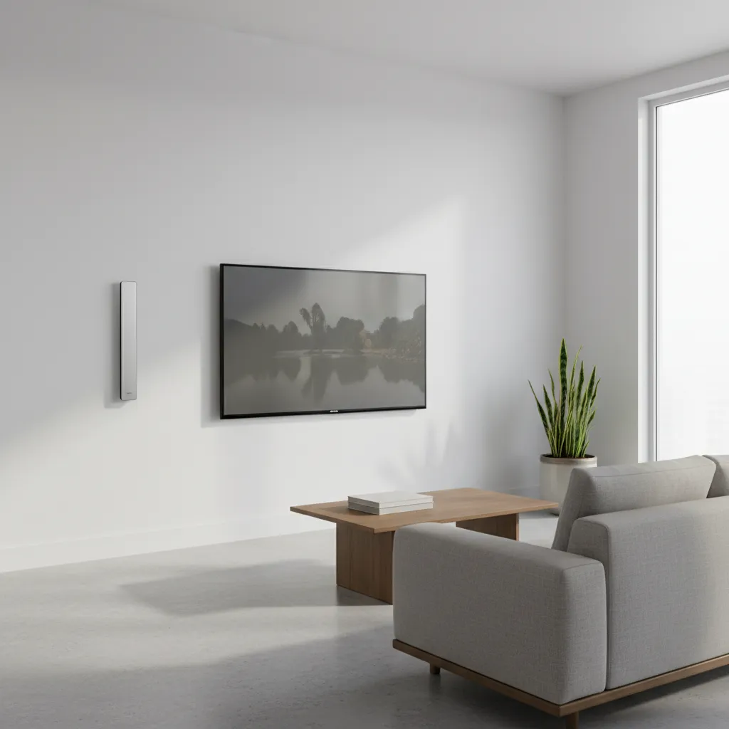 Antena interior plana instalada en una pared junto a un televisor