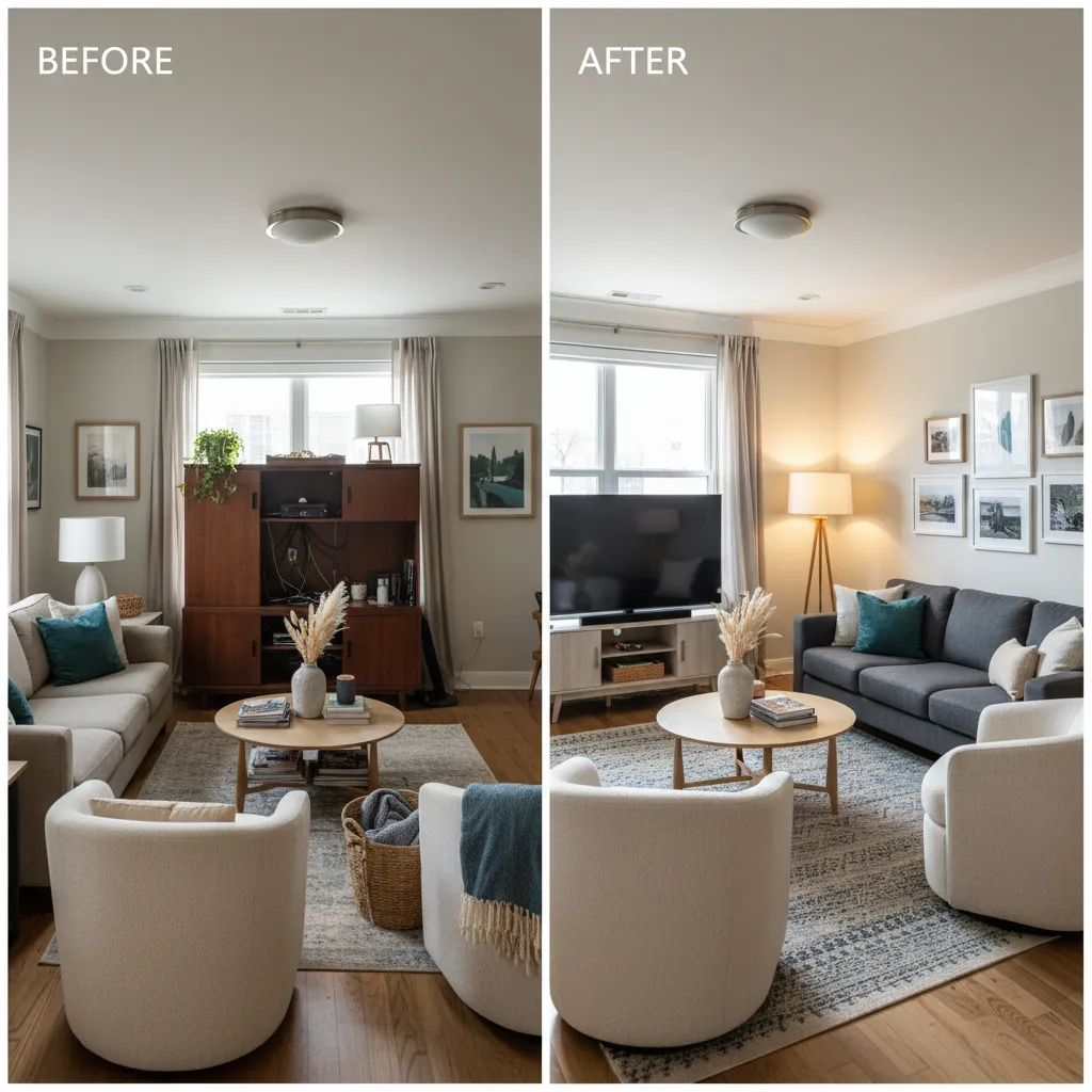 Comparación de salón antes y después de un proyecto de decoración