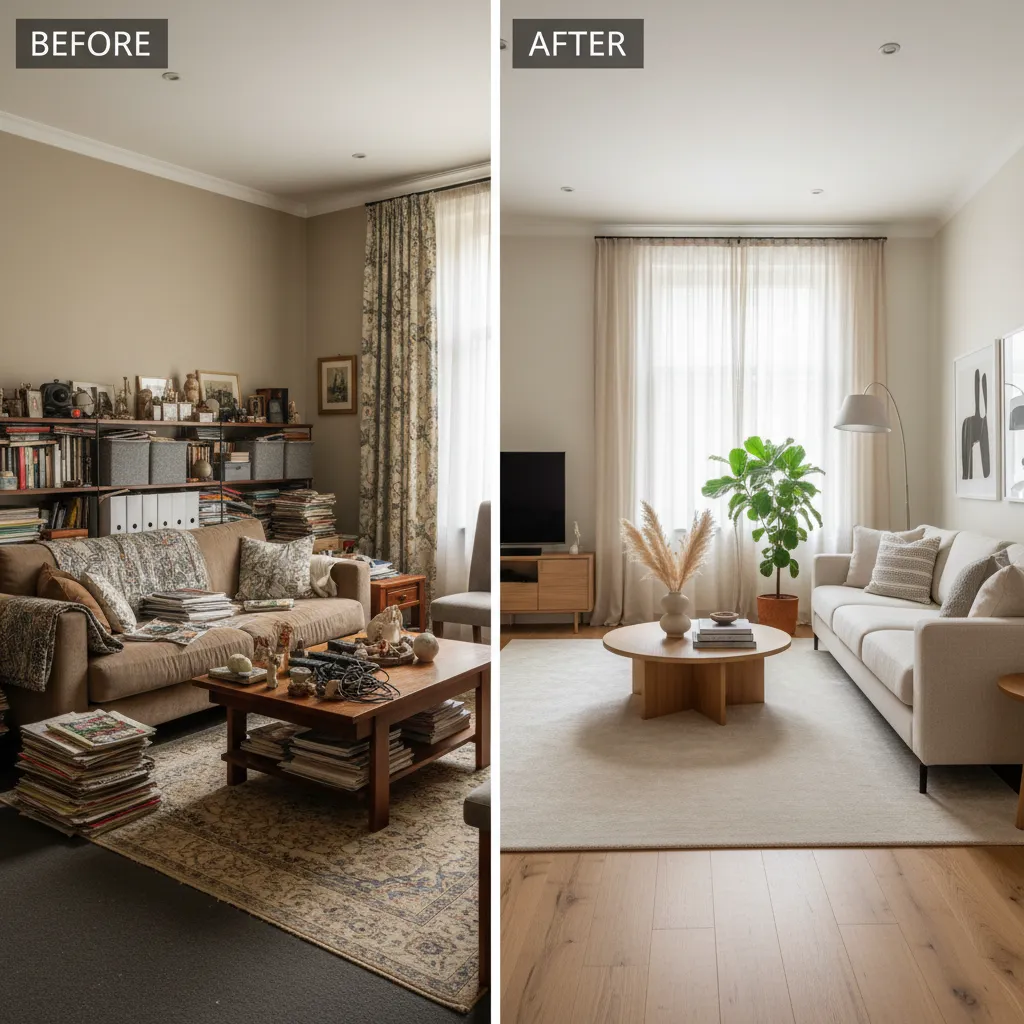 Comparación antes y después de un salón rediseñado por un interiorista