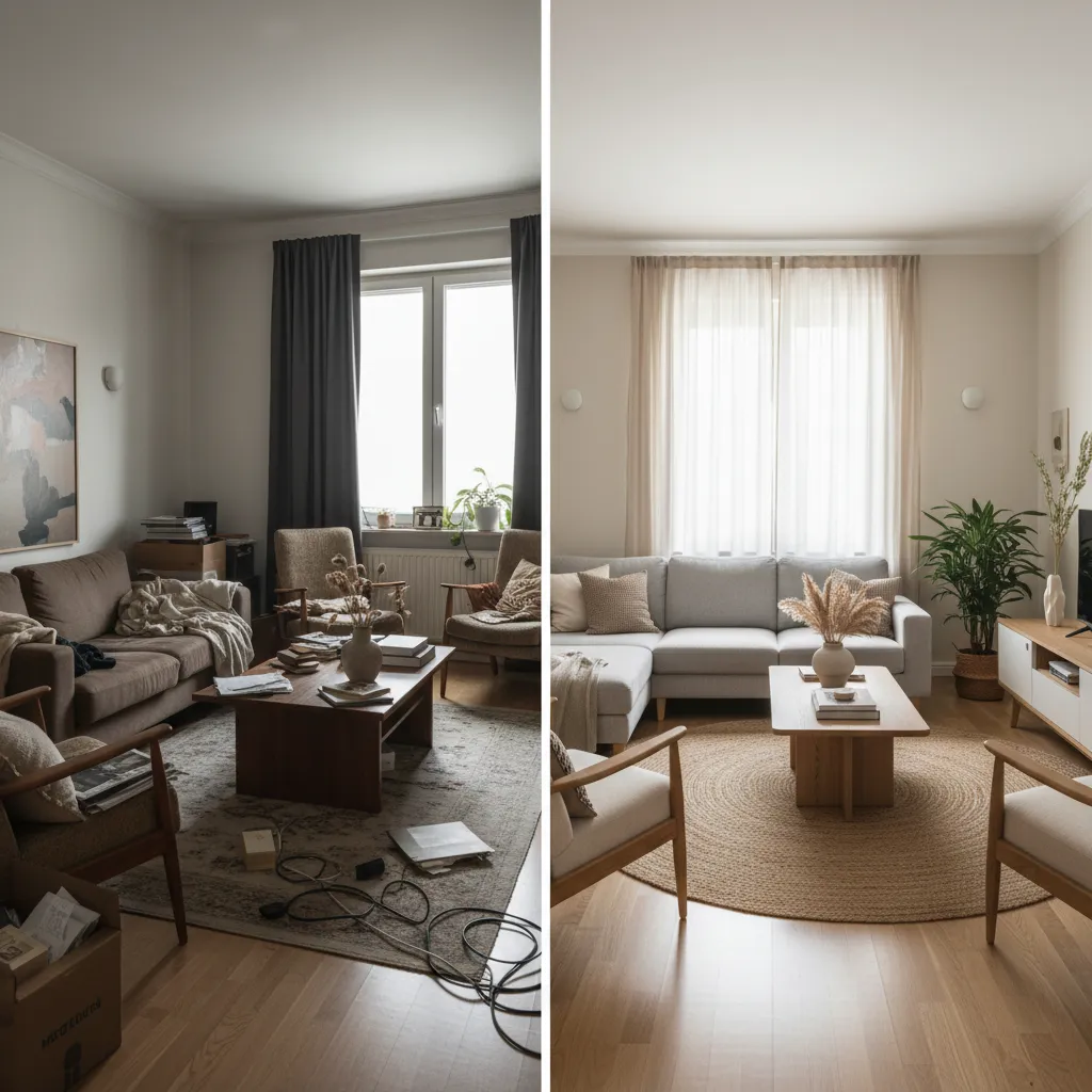 Comparación visual de un salón antes y después de aplicar diseño interior