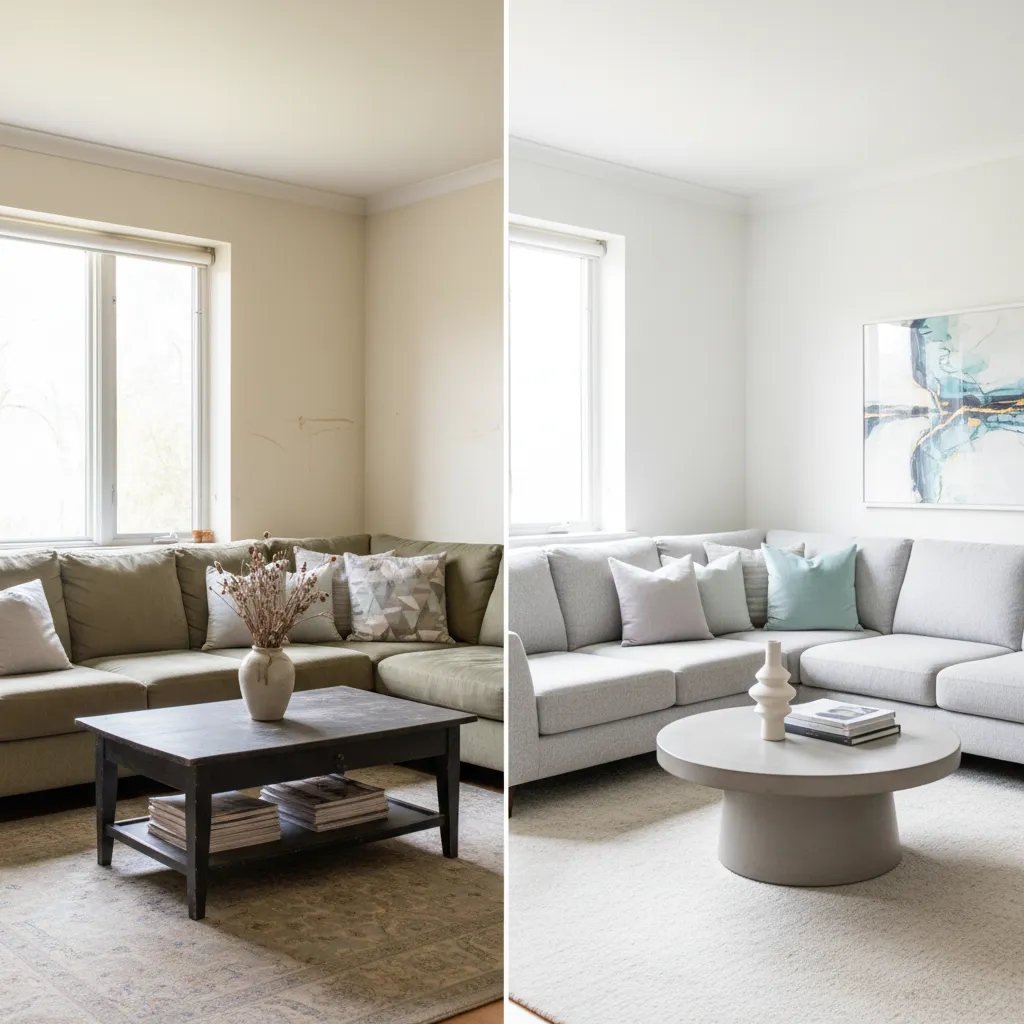 Comparación antes y después de una sala recién pintada