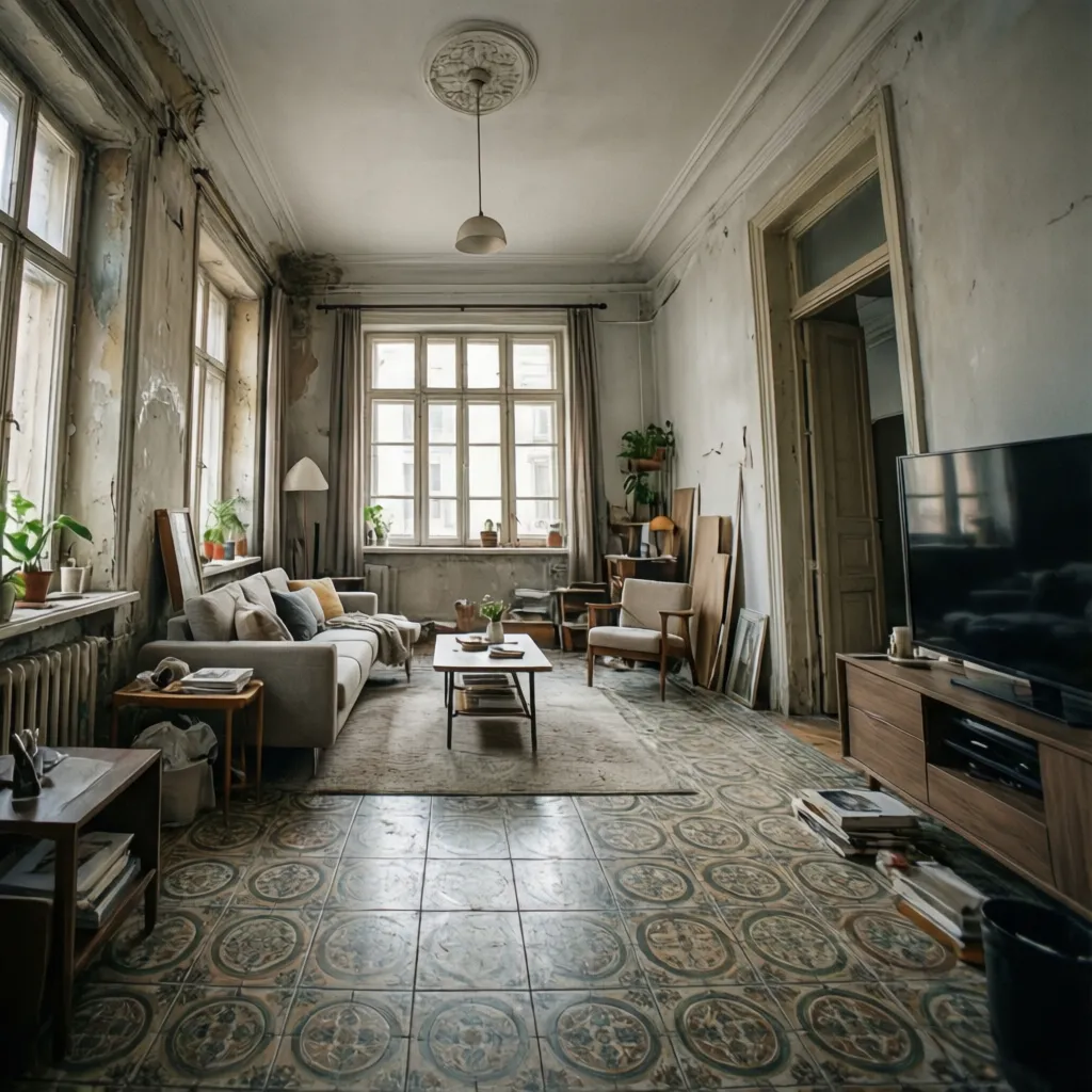 Comparación conceptual de una casa antigua transformada en interior moderno