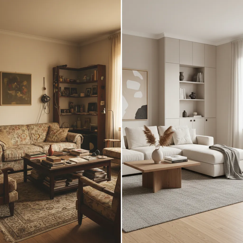 Comparación de antes y después de la renovación de un salón