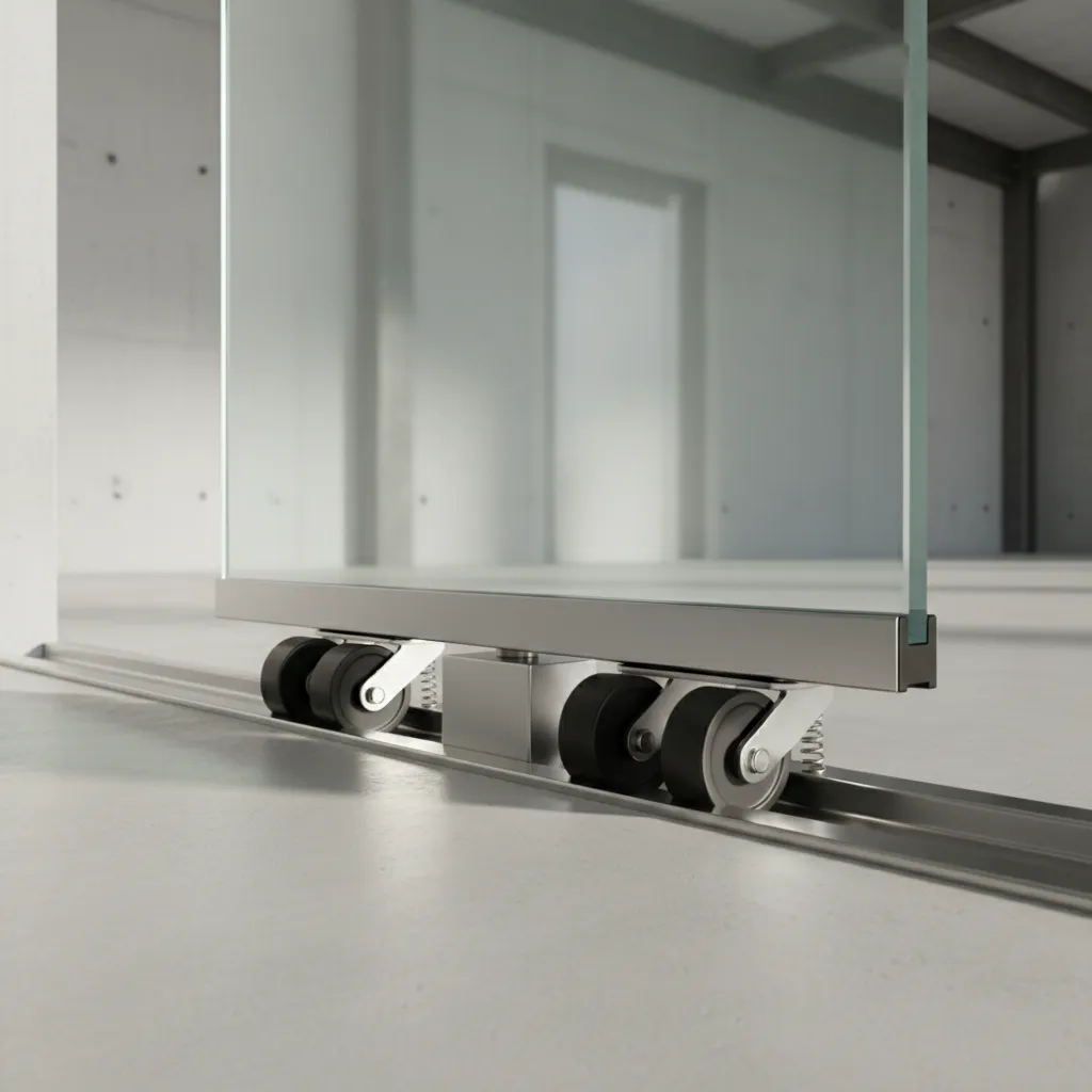 Sliding door track with anti lift security block and reinforced rollers