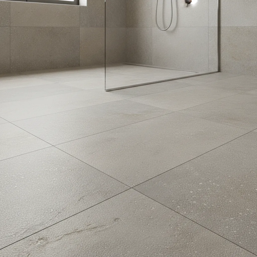 Textured matte anti slip porcelain floor tiles in a Kerala bathroom