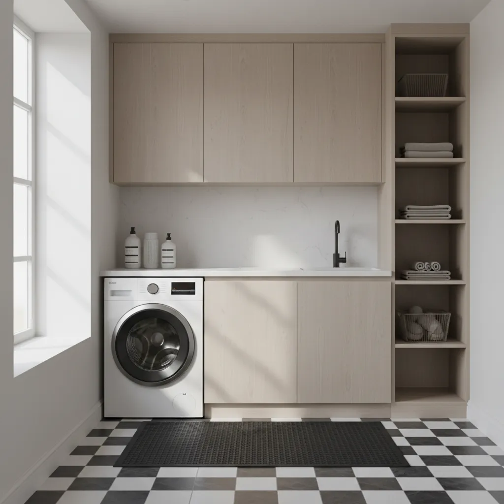 Laundry room checkerboard floor with anti slip mat near washing machine