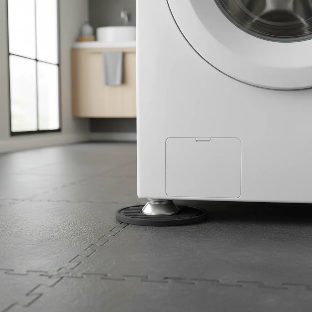 Anti vibration pads under washing machine feet on rubber flooring