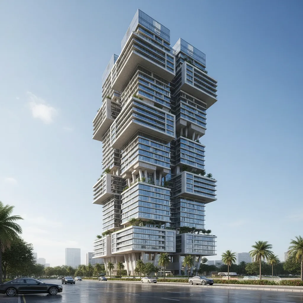 Antilia skyscraper showing stacked luxury floors and unique architectural structure