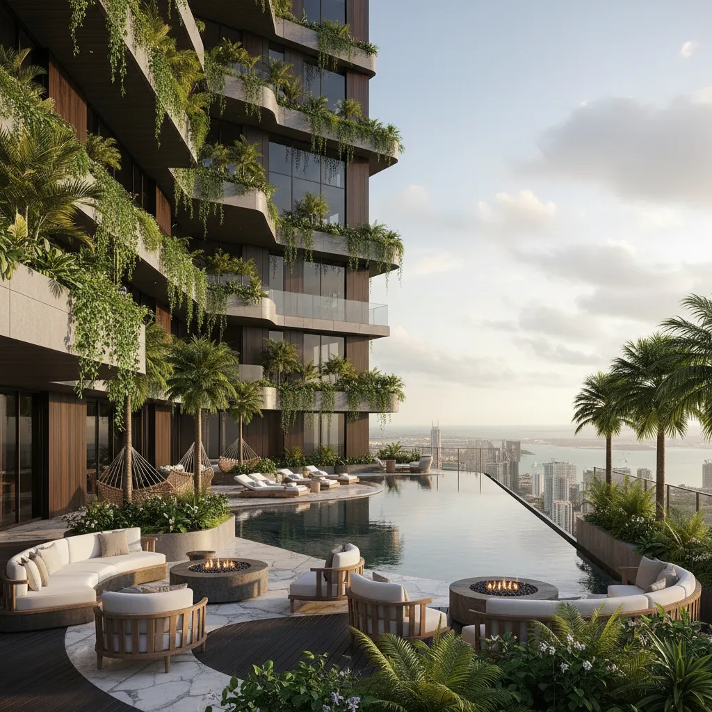 luxury sky garden terrace similar to those inside Antilia with greenery and city views