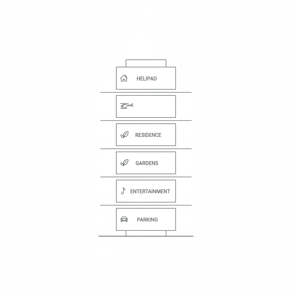 Concept diagram showing vertical zoning of Antilia floors including parking entertainment and residence