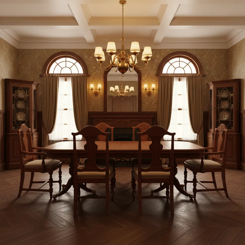 Example of a classic 1920s dining room with antique table and chairs
