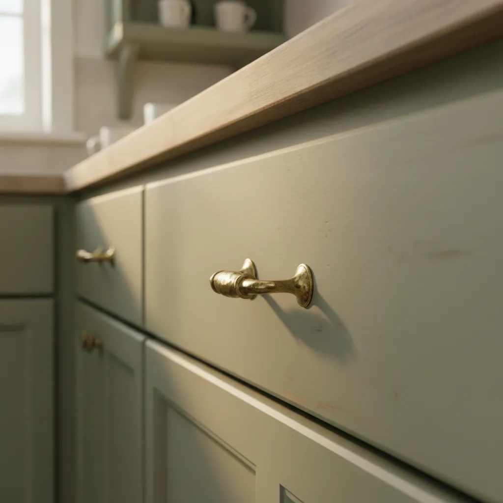 Antique brass cabinet handles on rustic painted kitchen drawers
