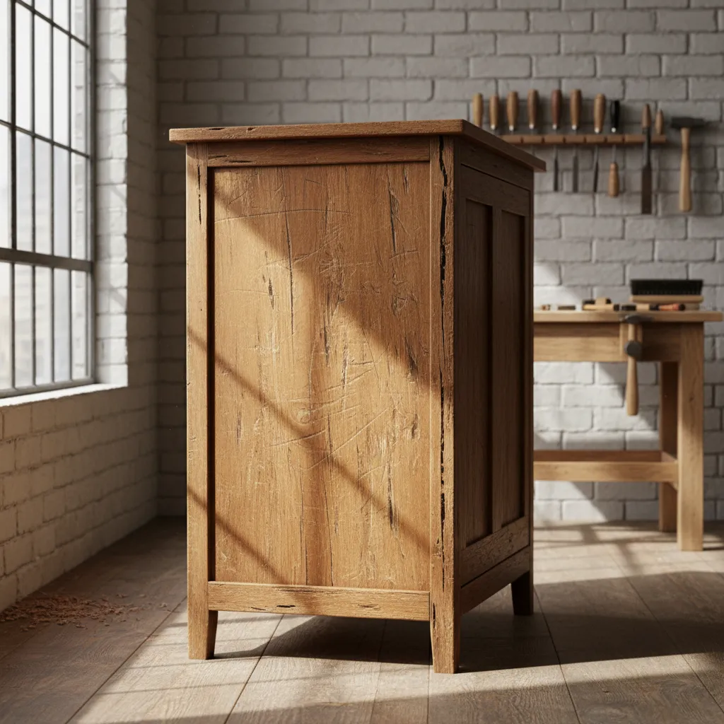 aged antique wooden cabinet before restoration showing worn finish and scratches