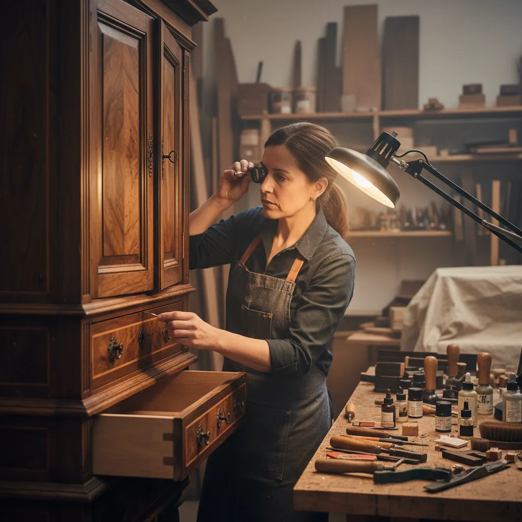 furniture conservator inspecting antique cabinet joints and veneer damage