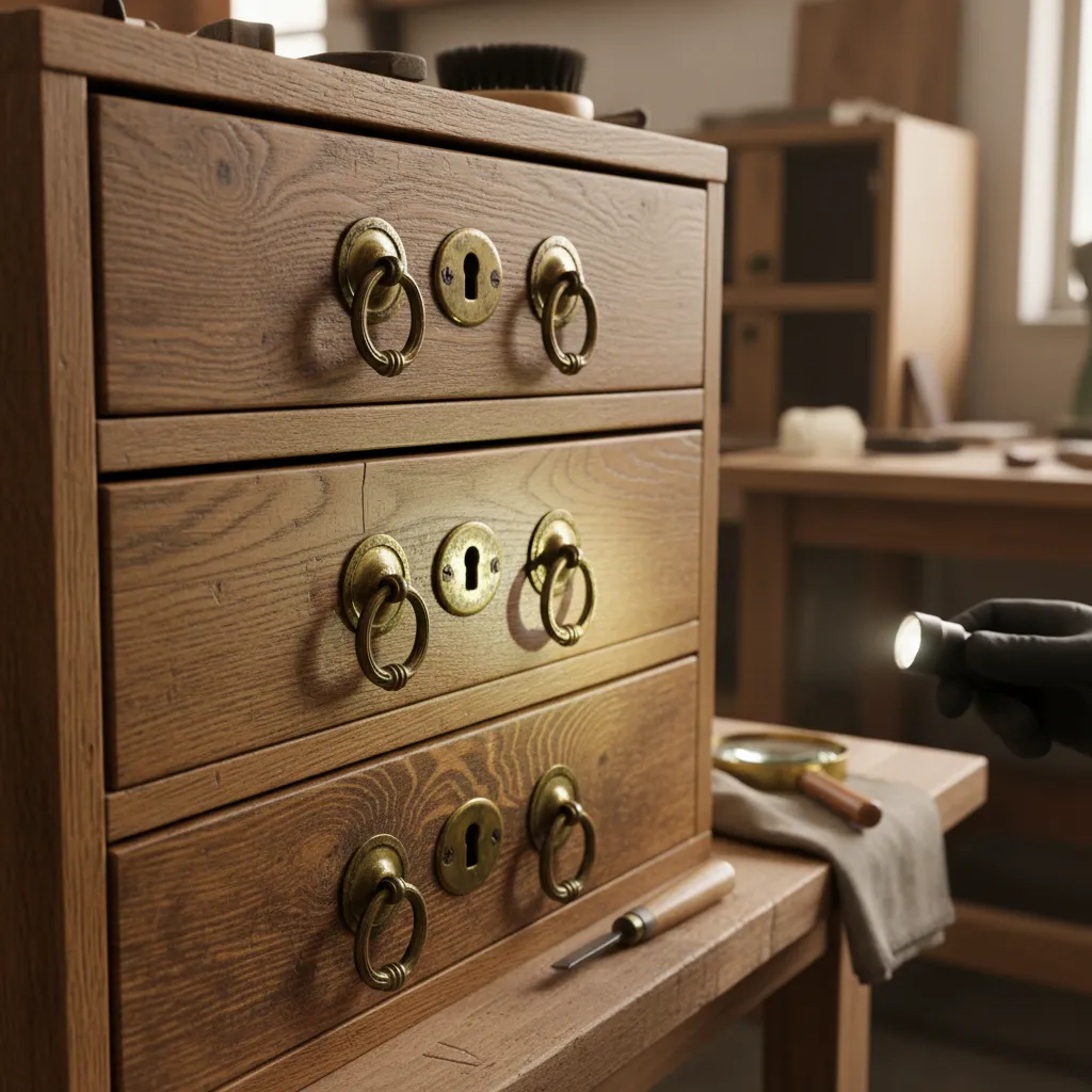 Close view of antique cabinet wood finish and drawer details