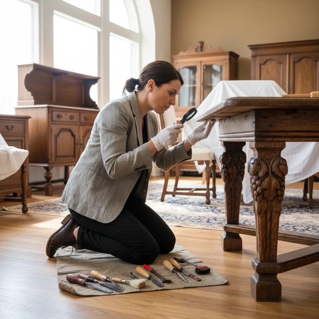 Inspection of antique dining table structure and wood condition