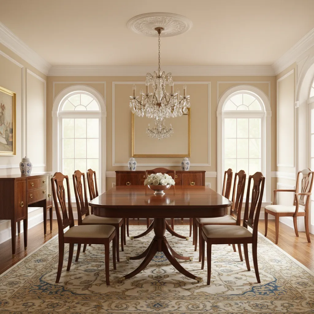 Classic Duncan Phyfe mahogany dining table as centerpiece in elegant dining room