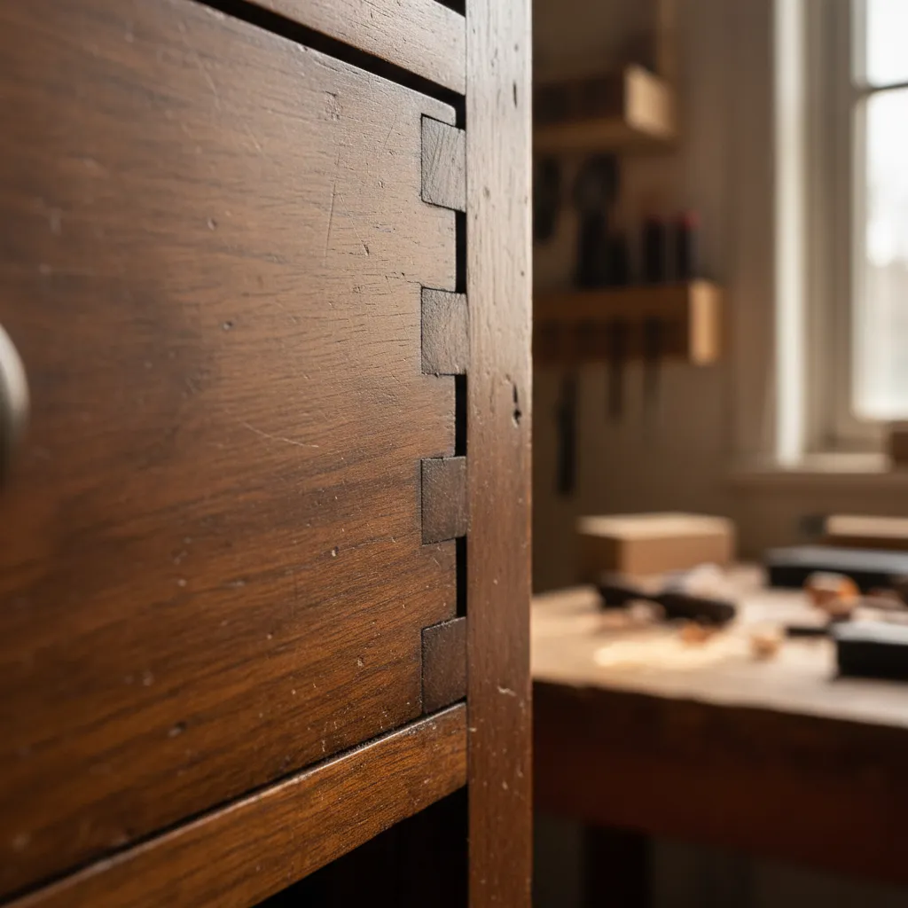 Close up of dovetail joints and craftsmanship in antique wooden furniture