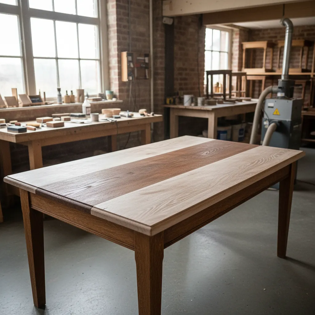 Selective lightening on antique wooden table preserving patina