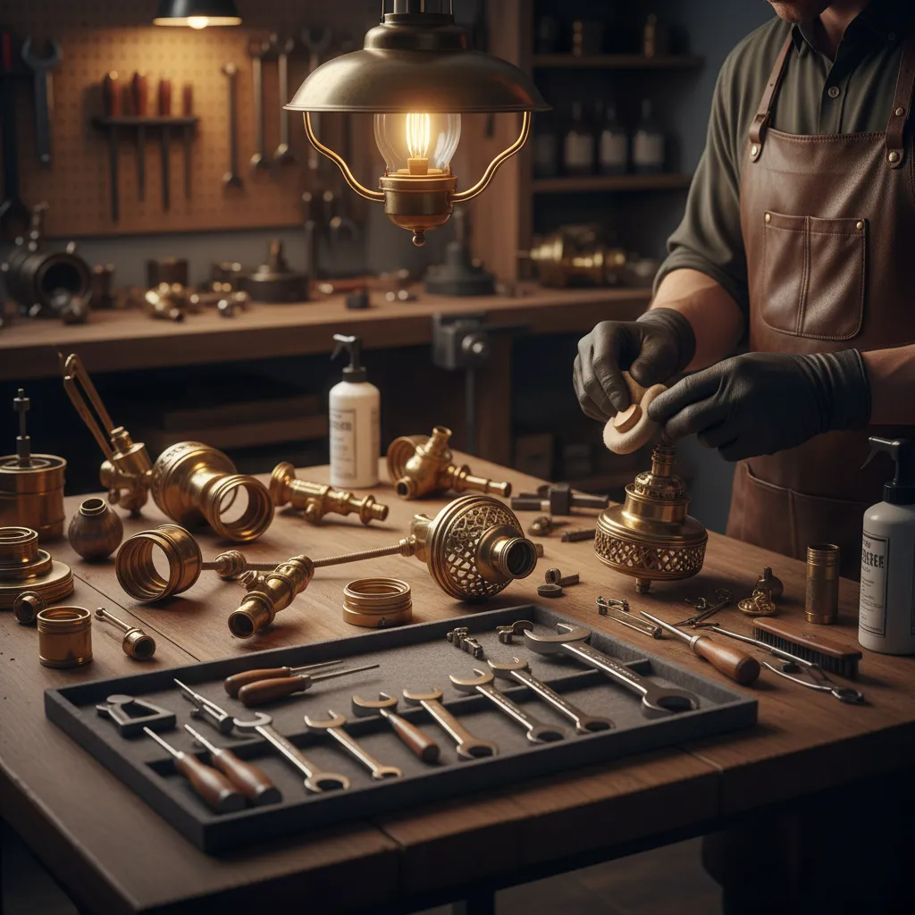 technician restoring antique brass gas light fixture components on workshop table