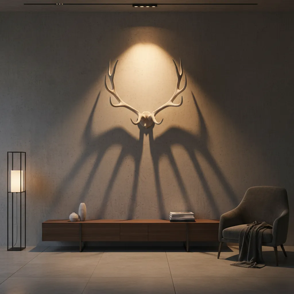 Directional lighting highlighting mounted elk antlers creating dramatic shadows