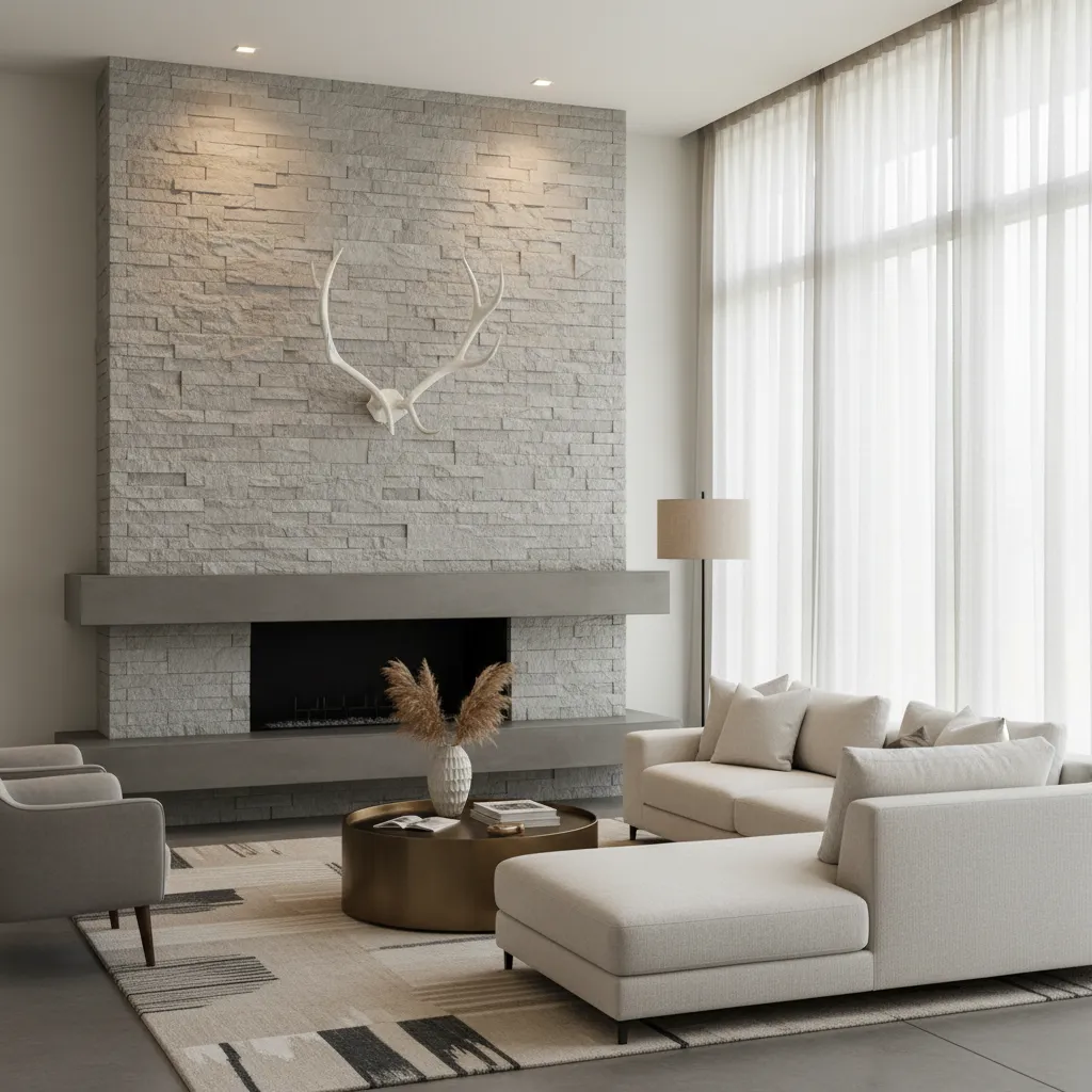 Elk antlers mounted above a sleek modern fireplace in a contemporary home