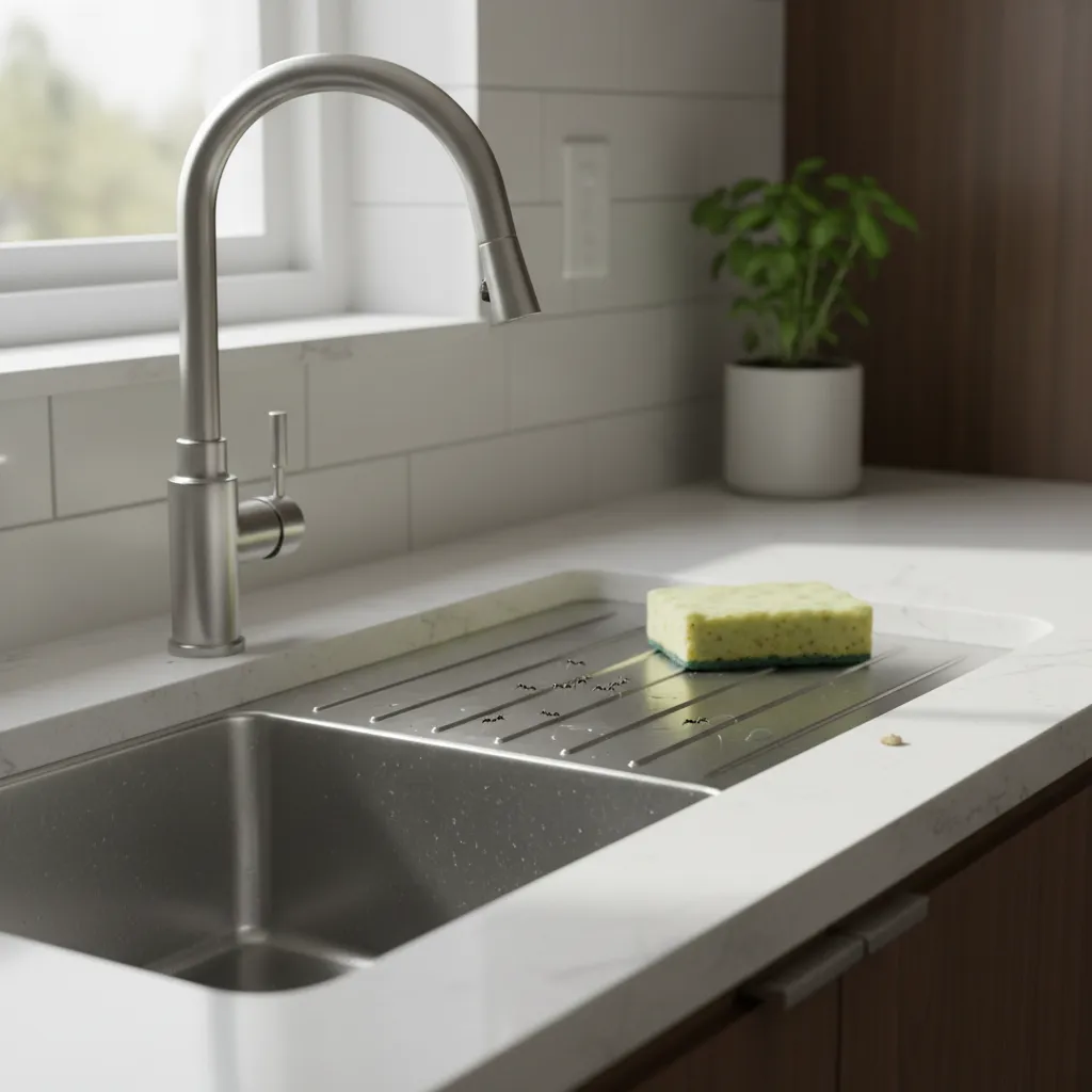 Tiny ants gathering near damp sponge and kitchen sink area