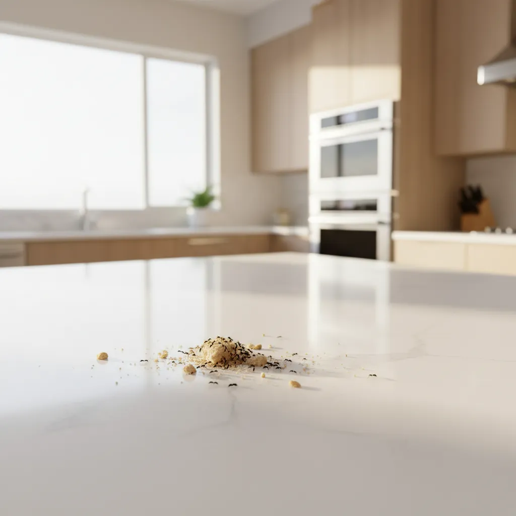 small ants gathering around crumbs on a modern kitchen countertop