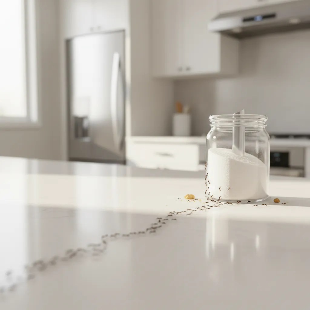 small ants forming trail across kitchen countertop toward sugar jar
