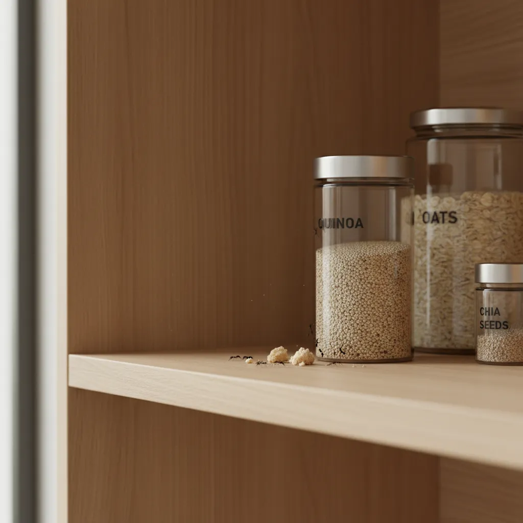 Small trail of ants entering a kitchen cabinet shelf near food containers