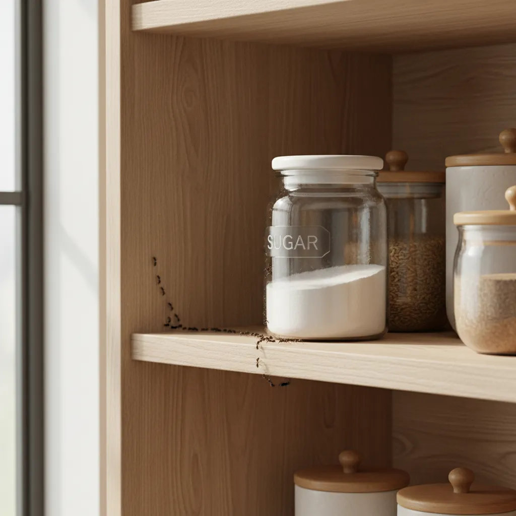 Trail of black ants crawling on a wooden kitchen shelf towards a glass sugar jar