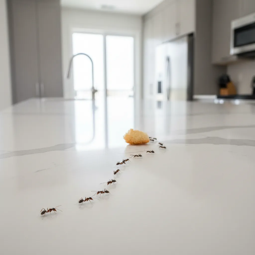 small ants trail moving across white kitchen countertop near crumbs