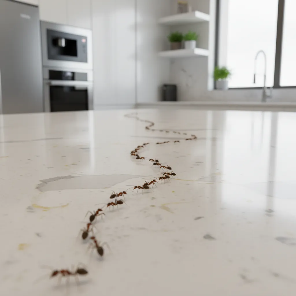 tiny ants forming a line across kitchen countertop