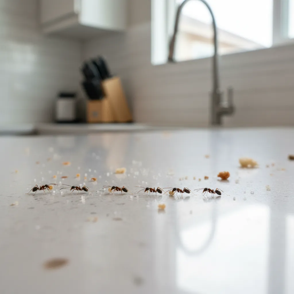 ants walking along a kitchen countertop near crumbs