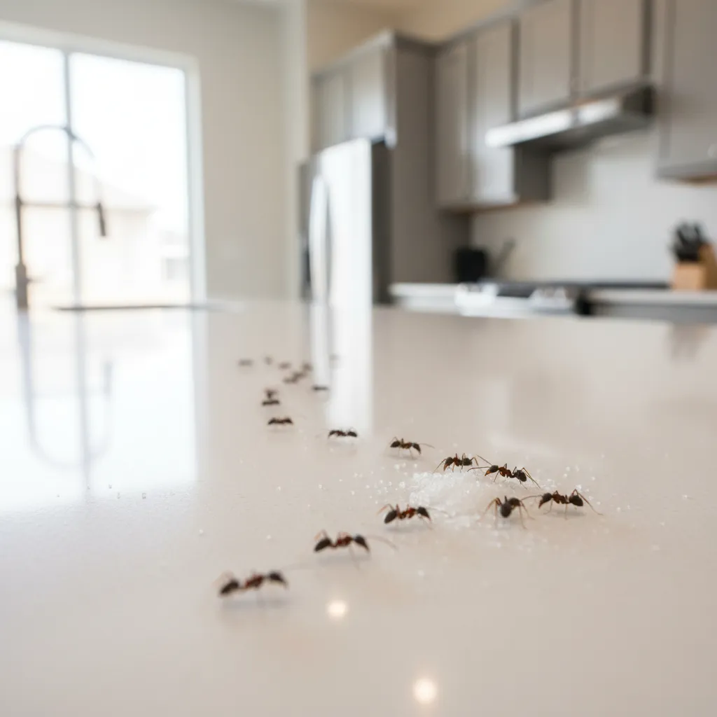small ants forming a trail across a kitchen countertop near food crumbs