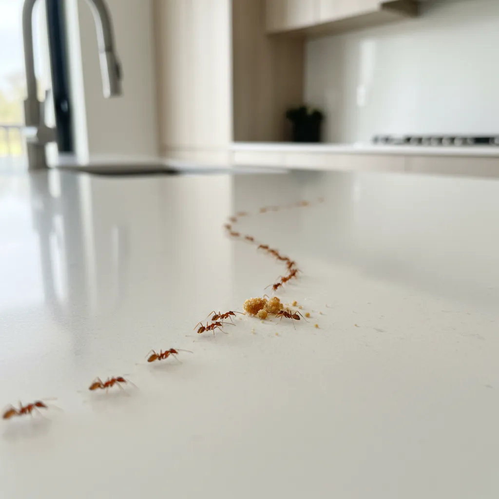 Small red ants forming a trail across a kitchen countertop