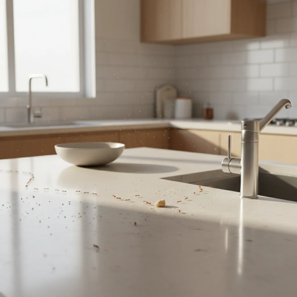trail of small red ants moving across a kitchen counter toward crumbs