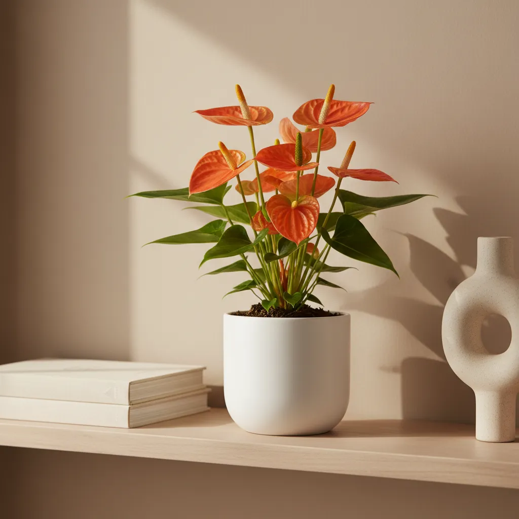 Orange flowering plant in a white pot on a wooden shelf with books and vase