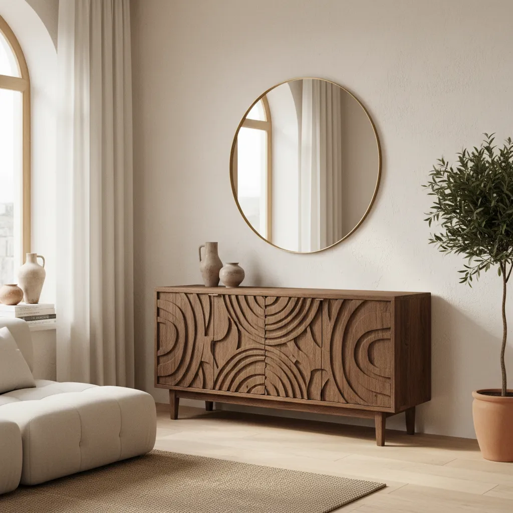 Aparador de madera maciza artesanal en un salón moderno