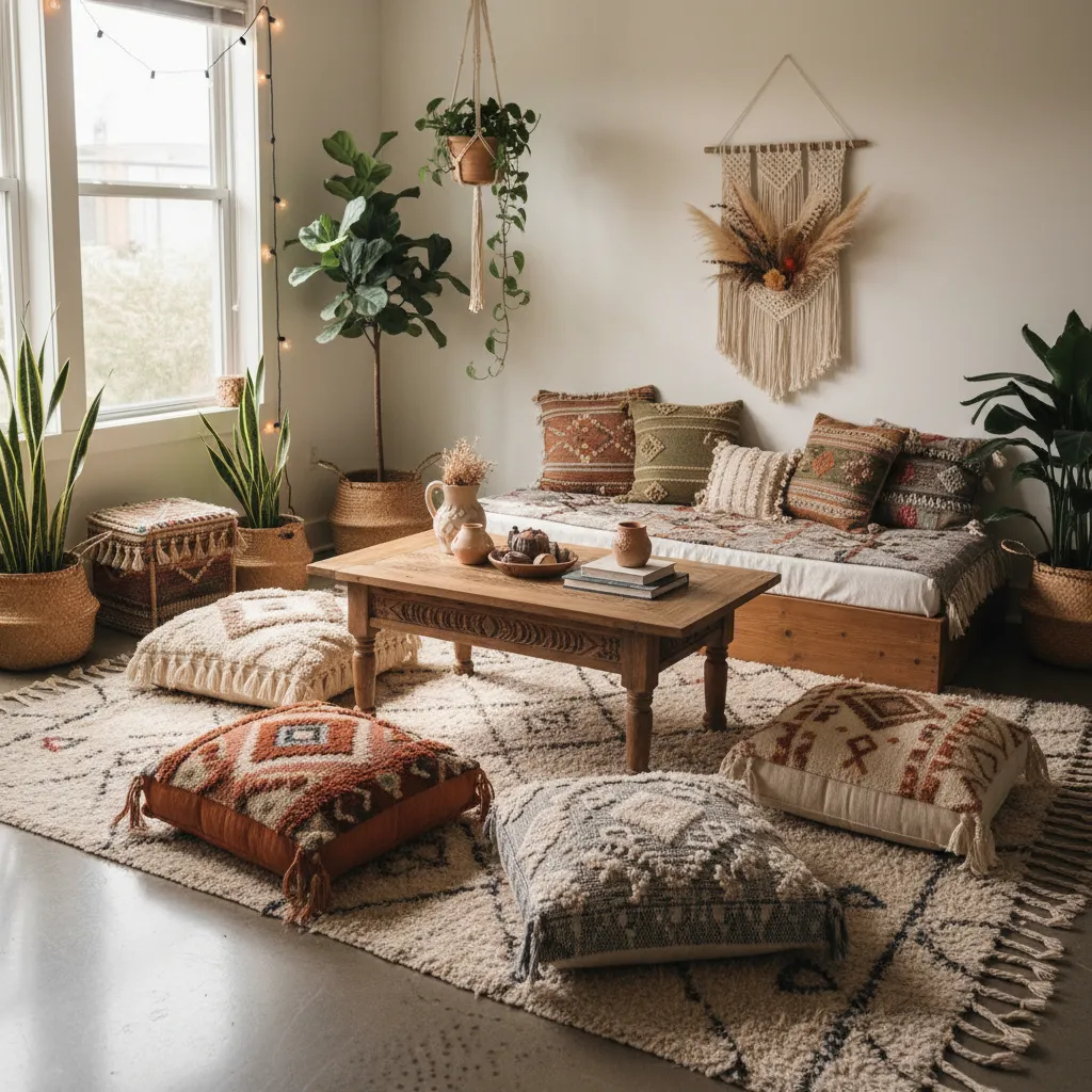 Apartamento pequeño decorado en estilo hippie con muebles bajos y plantas