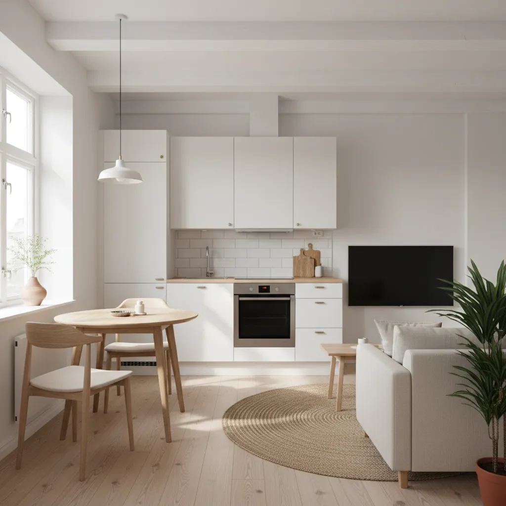 Minimalist white kitchen and living area with wooden dining table white sofa and round rug