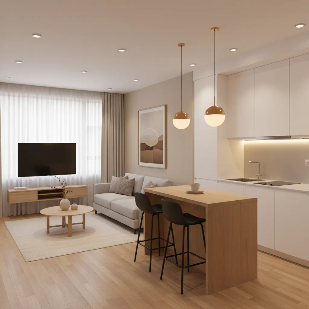 Apartamento pequeño con cocina y sala integradas en concepto abierto