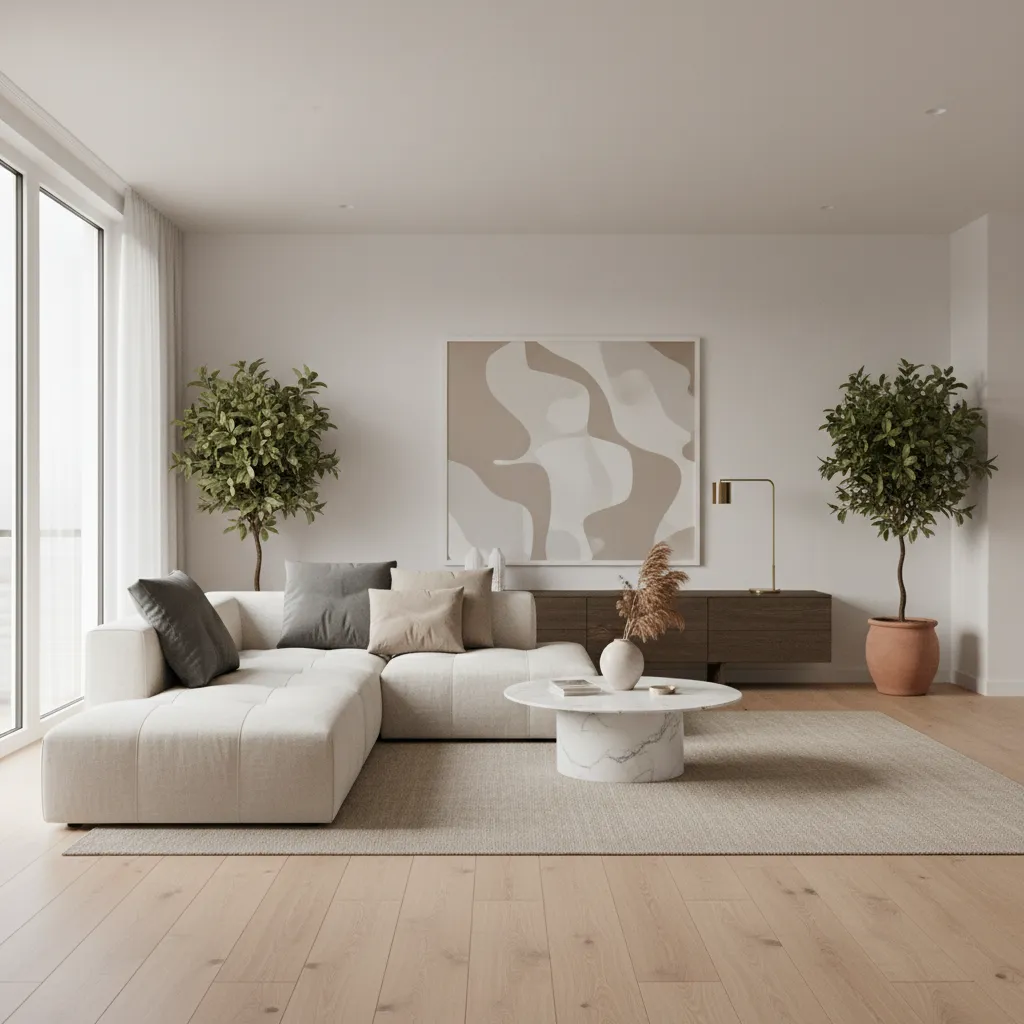 Minimalist living room featuring beige sofa marble table wooden floor two potted trees and painting