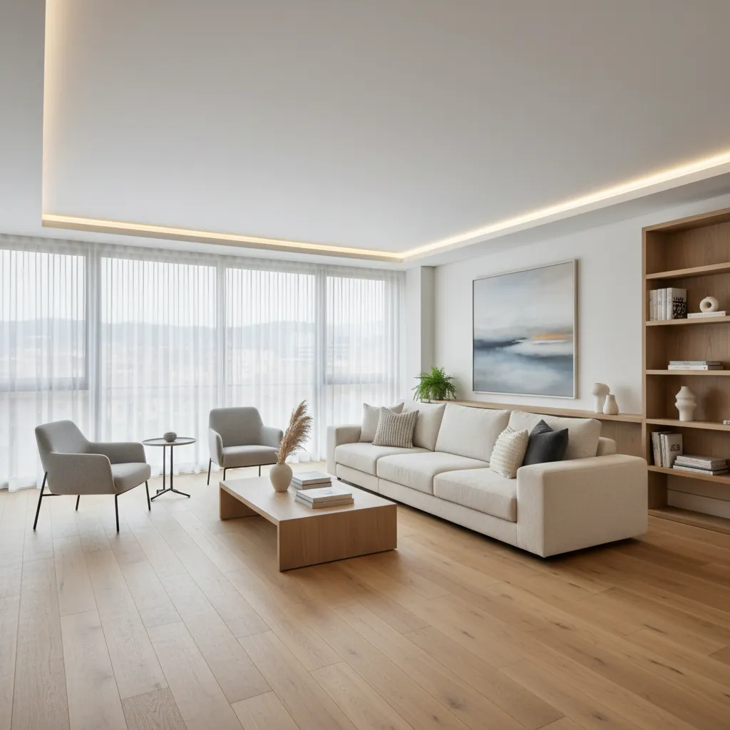 Modern bright living room with white sofa, gray chairs, wooden floor, bookshelf, and ceiling light