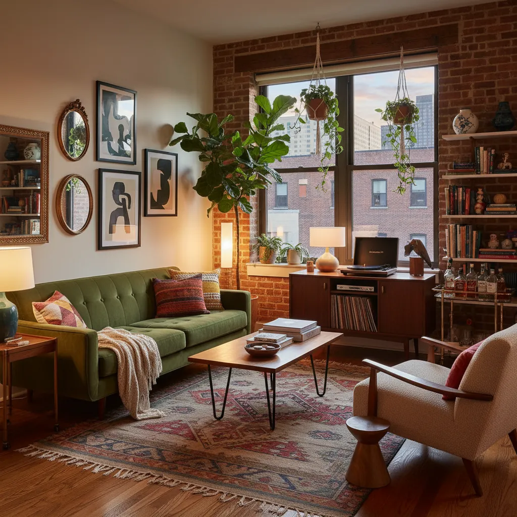Industrial living room with brick wall, green sofa, wood cabinet, patterned rug, and large window.