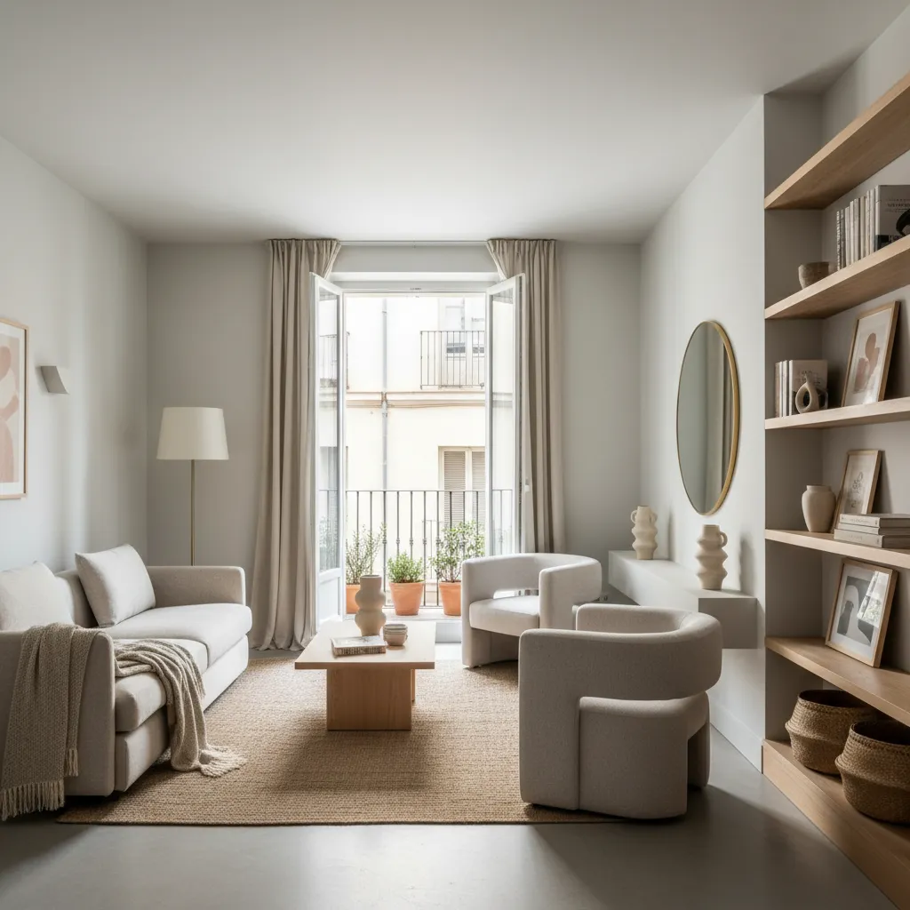 Minimalist living room with beige sofa modern armchairs coffee table rug and open balcony doors