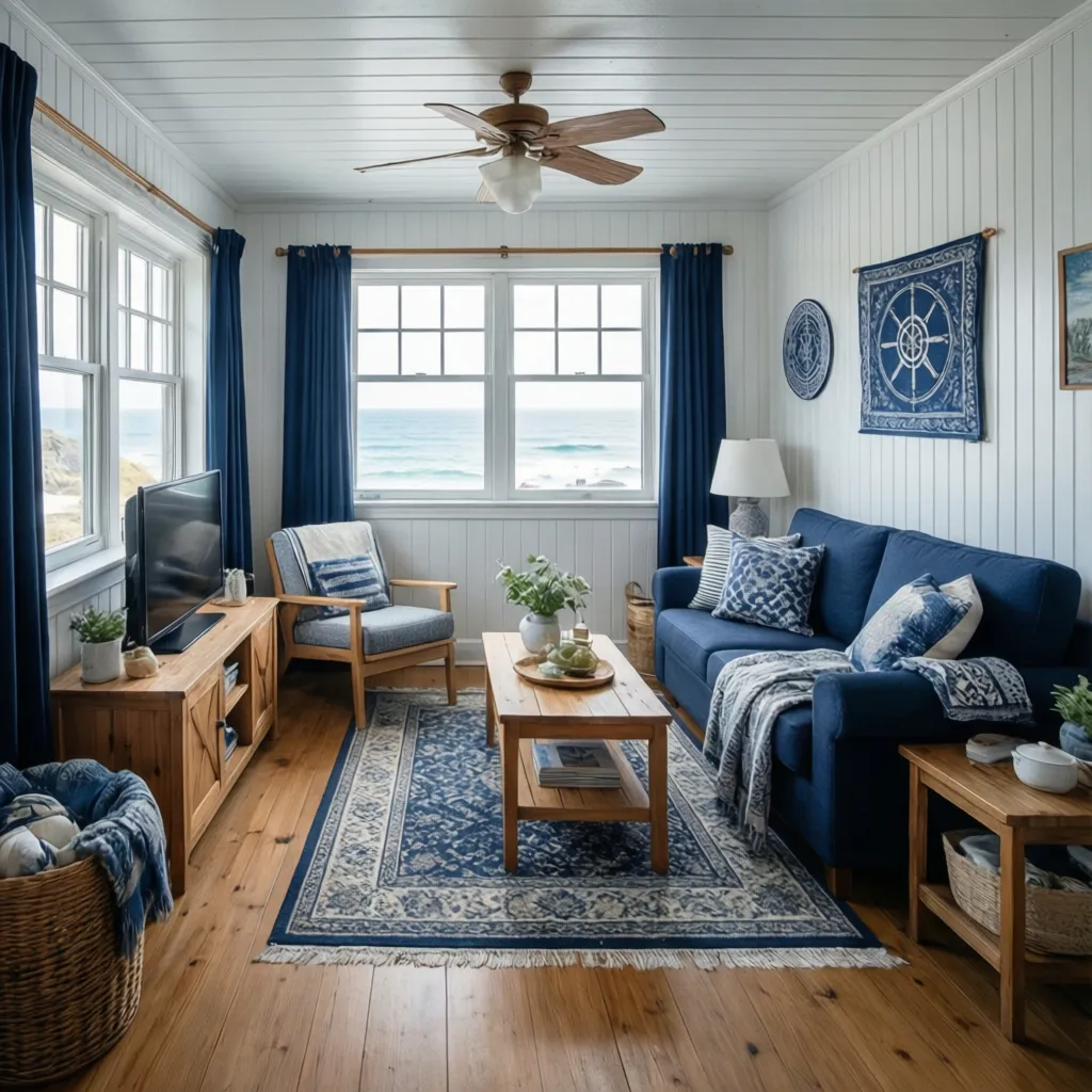Apartamento pequeño decorado en estilo marinero moderno