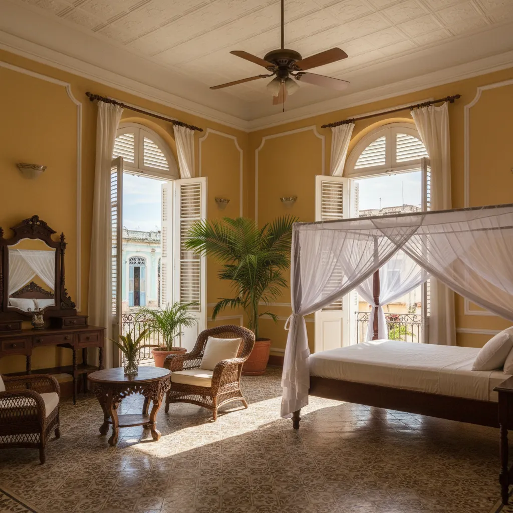 Interior de apartamento en La Habana con techos altos y ventilación natural