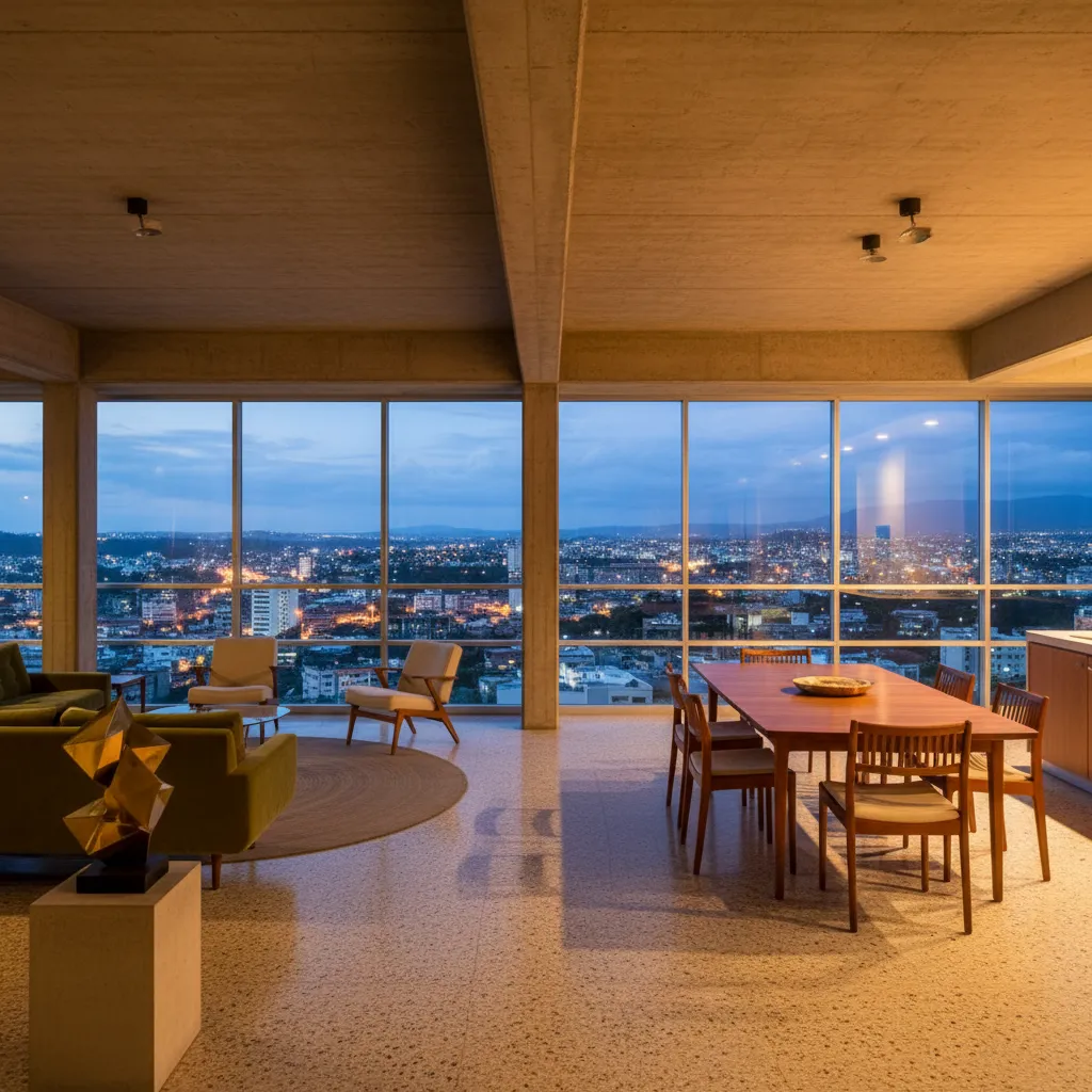 Interior de apartamento modernista en Caracas con ventanales amplios